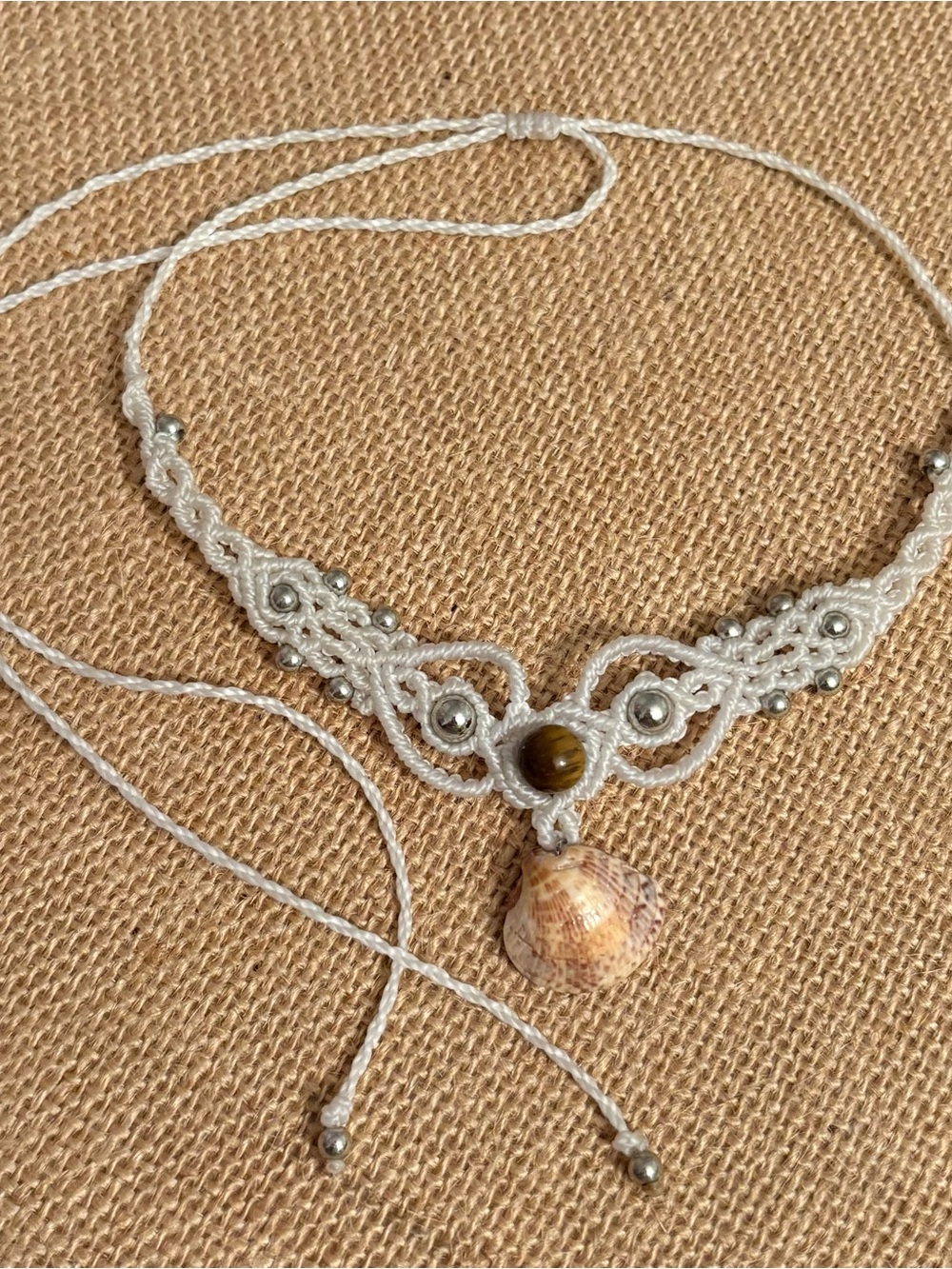 Handcrafted White Macrame Natural Shell Pendant Necklace